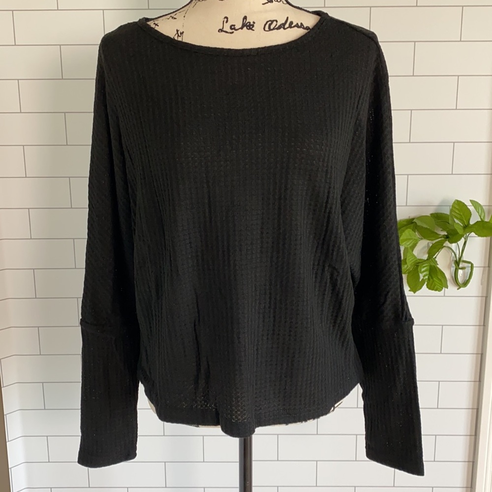 Drop Sleeve Waffle Knit Top Sweater Black - Picture 7 of 9